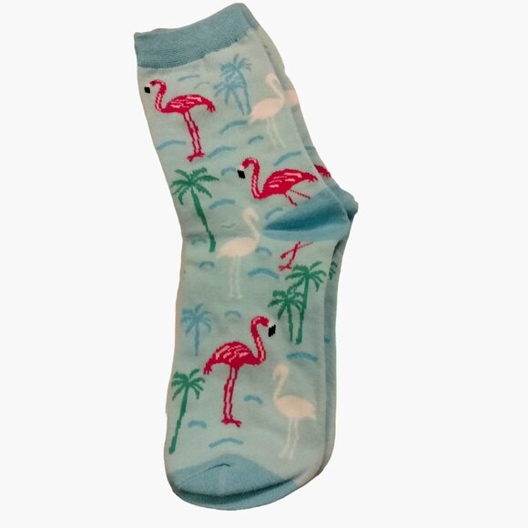 Flamingo Pattern Socks Womens Size Small 5 8 Cotton Blend Blue Pink - Picture 1 of 3